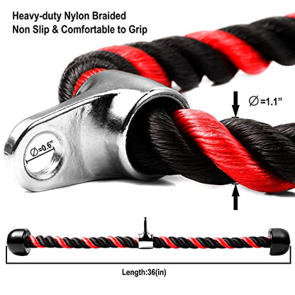 Tricep Rope Cable Attachment for Gym, 27 & 36 Inch, Non-Slip Grip - color: Red&Black-36''