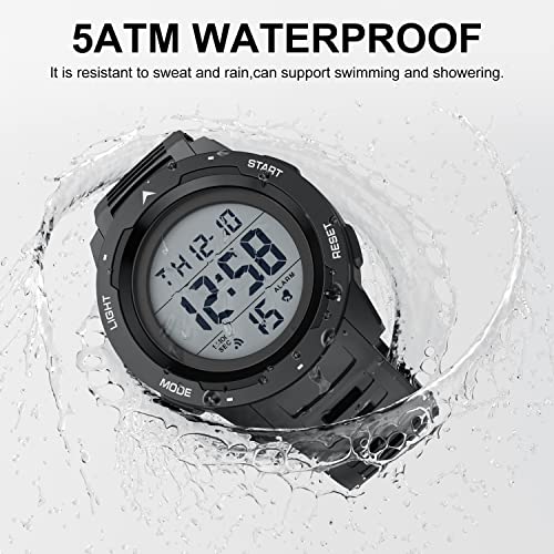 GOLDEN HOUR Mens Waterproof Digital Sport Watches Wide Screen Easy Read Display Military Style with Rubber Strap - color: black