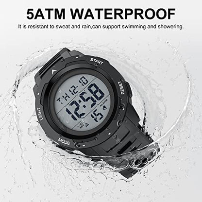 GOLDEN HOUR Mens Waterproof Digital Sport Watches Wide Screen Easy Read Display Military Style with Rubber Strap - color: black