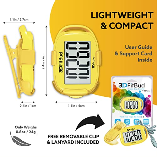3DFitBud Simple Step Counter Walking 3D Pedometer by 3DActive with Clip, Lanyard Accurate Step Tracker Large Display, Easy to Use for Kids Men Women Adult Seniors Daily Step Tracking - A420S - color: Yellow