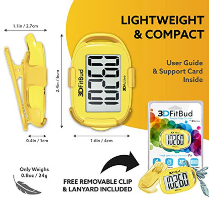 3DFitBud Simple Step Counter Walking 3D Pedometer by 3DActive with Clip, Lanyard Accurate Step Tracker Large Display, Easy to Use for Kids Men Women Adult Seniors Daily Step Tracking - A420S - color: Yellow