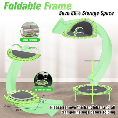 ZCMHAXJ Foldable Mini Trampoline, 40" Rebounder Trampoline for Adults & Kids, 450lbs Capacity with T-Shaped Adjustable Bar, Indoor Fitness Workout Exercise Equipment - color: Green
