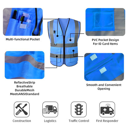 High Visibility Safety Vest with Reflective Strips & Pockets - color: Blue, size: Small