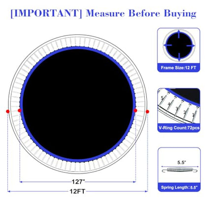 Replacement Trampoline Mat, Heavy-Duty, UV-Resistant & Durable Bounce Pad for Round Trampolines - Perfect for Safe & Fun Jumping - size: 12FT|127"Dia|72 V-Rings|Fits 5.5" Springs Length