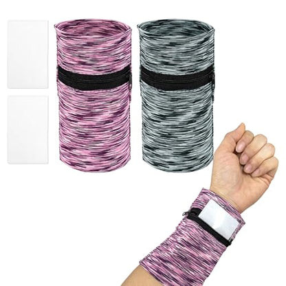 Wrist Pouch, Wrist Wallet Wristband with PVC Card Pouch Zipper Wristband Sports Sweatbands for Men and Women - color: Black and Gray Stripes/Purple Stripes