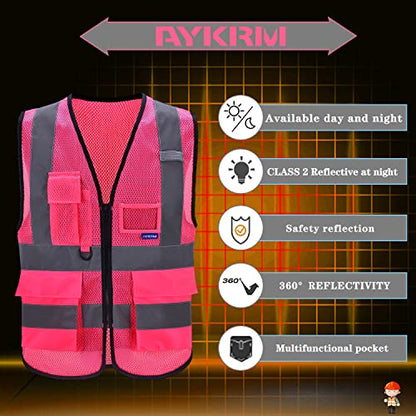 A-SAFETY Hi-Vis Reflective Mesh Vest with 7 Pockets, Zipper, Pink, 6XL-8XL - color: Pink Mesh, size: 6X-Large