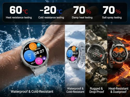 Military Smart Watch with Earbuds for Men and Women,+ Metal Band - color: Black RD +Steel band& 2Glass