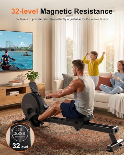 Superun Upgraded Rowing Machines for Home, Magnetic Rowing Machine with 32 Levels, Rower Machine of Quiet Resistance & 300LBS Weight Capacity, Row Machine with LED Monitor, App Supported - color: Dark Black