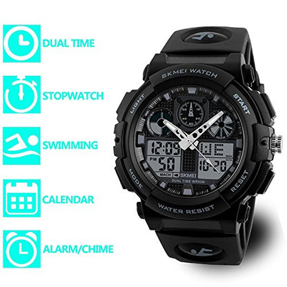 MASTOP Men's Digital Analog Sports Military Watches Waterproof Outdoor LED Backlight Display Alarm Stopwatch - color: Black