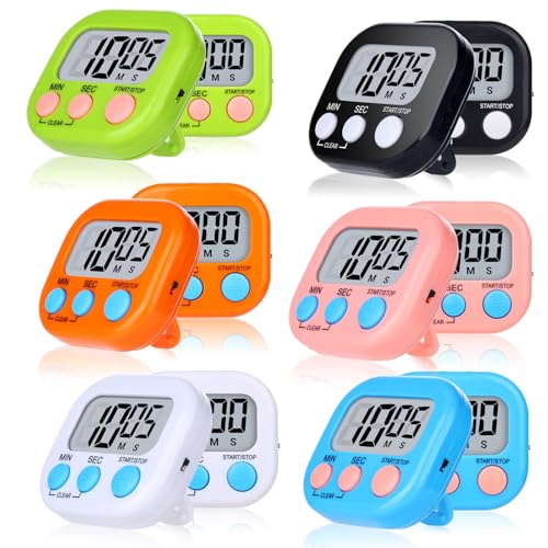 Mwellewm Digital Timers for Classroom Kids Kitchen Timers for Cooking 12 Pc - color: Black, Orange, Pink, Green, Blue, White