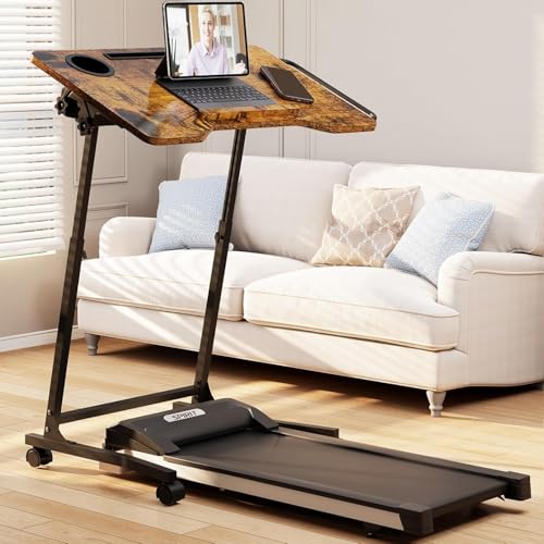 ikkle Bike Trainer Desk with Wheels, Adjustable Treadmill Desk, Rolling Standing Desk for Walking Pad Laptop, Phone Standing, Brown Wood - color: Rustic Brown, Mobile Adjust
