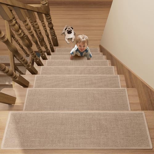 Stair Treads Carpet for Wooden Steps with Non Slip Rubber Backing, 100% Polyester Soft Stairs Resistant Indoor Skid Runner Safety Rugs for Kids Elders and Pets (4, Camel, 30" * 8") - color: Camel, size: 30" x 8" (Oblong)