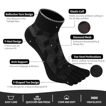 3 Pairs Coolmax Toe Five Finger Running Socks for Men Women -Lightweight Ankle Athletic Sock - color: Black-coolmax, size: Medium