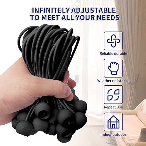 6 Inch Ball Bungee Cords, 50 Pack Heavy Duty UV Resistant Elastic Strap, Reusable Tie Down Cord with Balls, Indoor Outdoor Cords for Golf Net, Soccer Goals, Camping, Tent Poles, Hose (Black) - style: Black 50 Pack