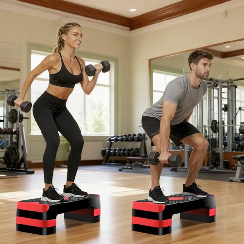 Non-Slip 27 Inch Aerobic Exercise Step Platform 4"-6"-8" Height Adjustable Risers for Home Gym Cardio Training Fitness Workout Stepper Trainer - color: Red