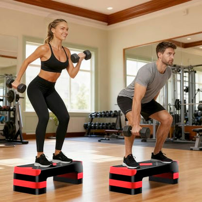 Non-Slip 27 Inch Aerobic Exercise Step Platform 4"-6"-8" Height Adjustable Risers for Home Gym Cardio Training Fitness Workout Stepper Trainer - color: Red