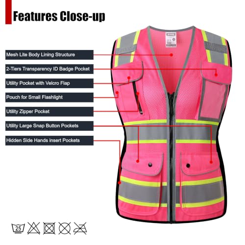 High Visibility Reflection Pink Mesh Safety Vests with 8 Pockets and Front Zipper, hi vis safety vest for Women(Pink-16,Large) - color: Pink, size: Large
