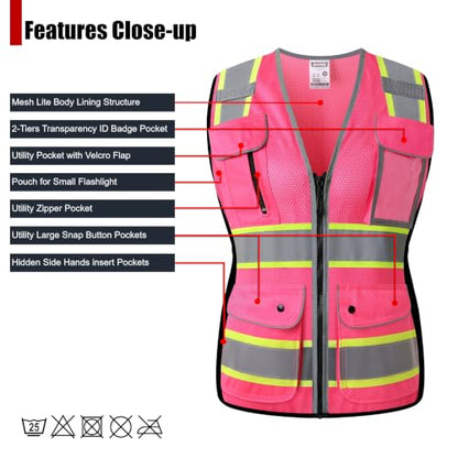 High Visibility Reflection Pink Mesh Safety Vests with 8 Pockets and Front Zipper, hi vis safety vest for Women(Pink-16,Large) - color: Pink, size: Large
