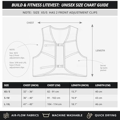 Build & Fitness LITEVEST Running Vest with 2X 500ml Soft Flasks – 7 Pockets, Lightweight, Breathable Hydration Vest – Premium, Secure, Comfort & Style for Training, Trails, Marathons & Everyday Runs - size: XS / S