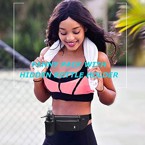 Peicees Fanny Pack with Water Bottle Holder Waist Bag for Men Women Water Resistant Lightweight Reflective Adjustable Running Belt Headphone Bag Travel Pocket for Outdoor Camping Fitness Hiking - color: New Black