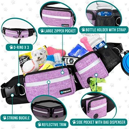 PetAmi Hands Free Dog Leash, Running Leash Belt Bag for Walking, Jogging, Waist Double Zipper Pouch with Poop Dispenser, Dual Padded Handles Reflective Bungee Single, Purple, 1 Leash - color: Purple, size: 1 Leash