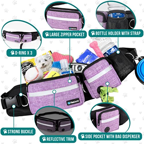 PetAmi Hands Free Dog Leash, Running Leash Belt Bag for Walking, Jogging, Waist Double Zipper Pouch with Poop Dispenser, Dual Padded Handles Reflective Bungee Double, Purple, 2 Leashes - color: Purple, size: 2 Leashes