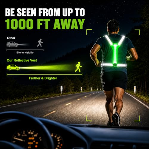 500LM Running Lights for Runners,7+8 Front & Back Light Modes & 360° Reflective Running Vest with Light Up Zip Waist Bag,IPX4 Waterproof High Visibility Rechargeable Gear for Night Walking/Cycling - color: green