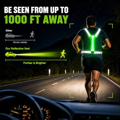 500LM Running Lights for Runners,7+8 Front & Back Light Modes & 360° Reflective Running Vest with Light Up Zip Waist Bag,IPX4 Waterproof High Visibility Rechargeable Gear for Night Walking/Cycling - color: green
