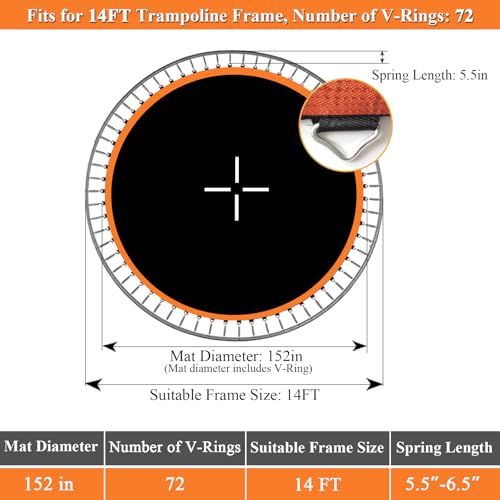 Trampoline Mat Replacement, Dia:152", Fits 14ft Frame, with 80/72/88 V-Rings for Choose and Spring Tool, Fits 5.5" Springs, Reinforce, UV-Resistant - size: 152" Diam | 72 V-Rings | Fits 5.5" SpringsLength