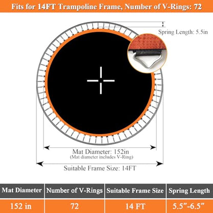 Trampoline Mat Replacement, Dia:152", Fits 14ft Frame, with 80/72/88 V-Rings for Choose and Spring Tool, Fits 5.5" Springs, Reinforce, UV-Resistant - size: 152" Diam | 72 V-Rings | Fits 5.5" SpringsLength