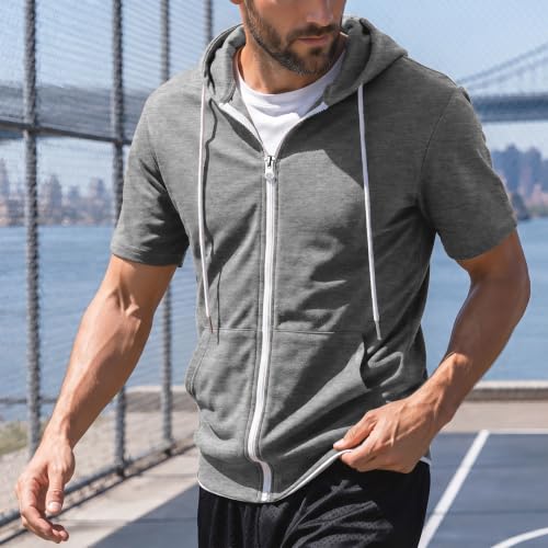 Ohoo Mens Slim Fit Zip up Hoodie Cotton Blend Soft Fabric Short Sleeve Lightweight Comfy Basic Jacket with Kanga Pocket - color: Dcf007-deep Grey, size: X-Large
