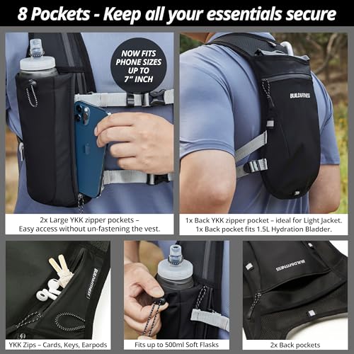 Running Hydration Vest for Women and Men. Reflective, 8 Pocket, Quick Dry, Water-Resistant, Breathable, Adjustable Backpack for Runs, Hiking, Cycling, Trails, Marathons - style: Black Vest + 2x 500ml Soft Flasks