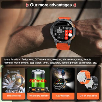 Military Smart Watch for Men, Built-in GPS, 30-day standby, 1.43" AMOLED - color: Black & Orange (2 Bands)