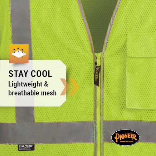 Pioneer Hi Vis Sleeved Mesh Safety Vest for Men & Women - Breathable- Reflective Tape - Pockets - Class 3 - Yellow/Green - color: Green, size: X-Large