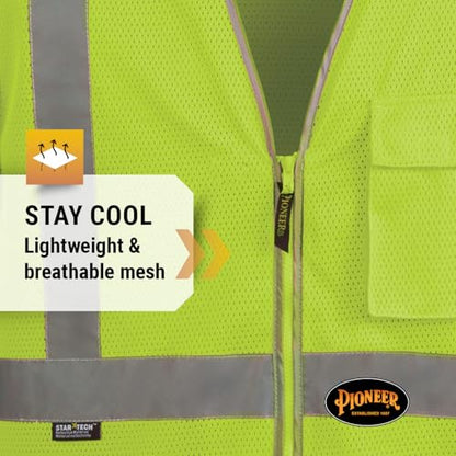 Pioneer Hi Vis Sleeved Mesh Safety Vest for Men & Women - Breathable- Reflective Tape - Pockets - Class 3 - Yellow/Green - color: Green, size: X-Large