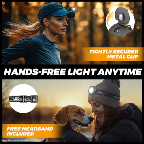HOKOILN Clip On Hat Light 2-Pack, Rechargeable LED Cap Light & Headlamp
