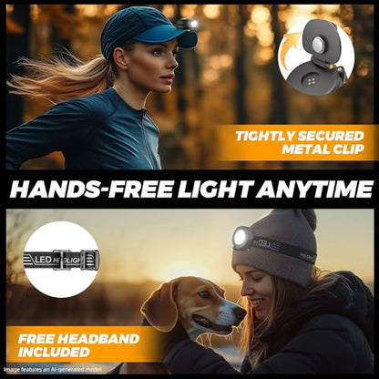 HOKOILN Clip On Hat Light 2-Pack, Rechargeable LED Cap Light & Headlamp