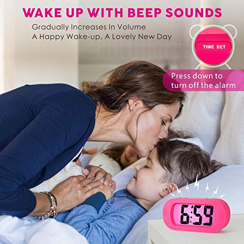 Plumeet Kids Alarm Clock Large Digital LCD Travel Alarm Clocks with Snooze and Night Light - Ascending Sound and Handheld Sized - Best Gift for Kids (Pink) - color: Pink
