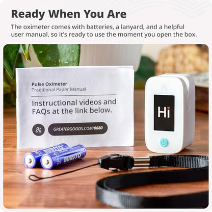Greater Goods Finger Pulse Oximeter, Blood Oxygen Meter, Measures SpO2, Heart Rate, and PI, Includes Batteries & Lanyard