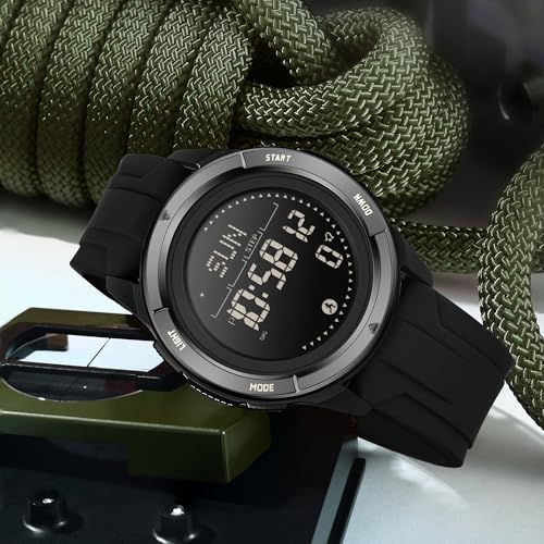 findtime Men's Digital Watch Pedometer Step Counter Watches Military Compass Waterproof Wrist Watch Tactical Sport Watch Calories Counter Pacer Running Wristwatch LED Light Stopwatch Countdown - color: Black Silicone