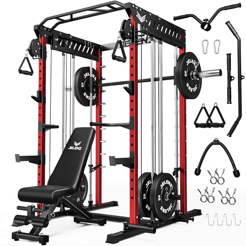 JELENS M21 Smith Machine, Multi-Function Power Cage with Dual Pulley Cable Crossover System, 2000LBS All-in-One Squat Rack with Smith Bar and Attachments - color: Red, size: 190LB Black Weights Package