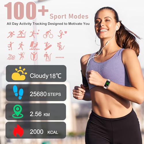 Fitness Tracker, Step Counter with 24/7 Heart Rate, Blood Oxygen Blood Pressure Sleep Monitor, 100+ Sports Modes Smart Watch, Activity Pedometer for Women Men - color: Rose Pink