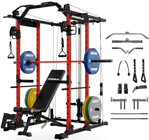 Mikolo Power Cage, Power Rack with Cable Crossover System, 1500LBS Squat Rack with LAT Pull Down System, Workout Cage with Pulley System for Fitness Home Gym - color: Red, style: Package with Color BP 230LB
