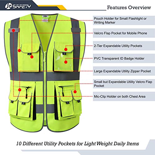 JKSafety Hi Vis Safety Vest for Men Women WIth 10 Pockets JK88 Yellow M - color: Yellow, size: Medium