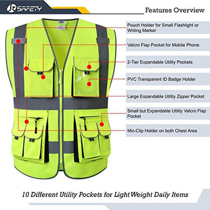 JKSafety Hi Vis Safety Vest for Men Women WIth 10 Pockets JK88 Yellow M - color: Yellow, size: Medium