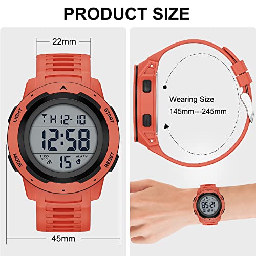 GOLDEN HOUR Mens Waterproof Digital Sport Watches Wide Screen Easy Read Display Military Style with Rubber Strap - color: red