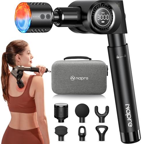 NAPRE Massage Gun with Heat and Cold Head,Deep Tissue Percussion Back Massager for Muscle/Neck/Body Pain Relief with Long Extension Retractable Handle,32-Speeds,Foldable with 5 Adjustable Angles - color: Gloss Black