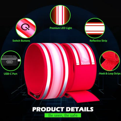 LED Armband Rechargeable for Running(2 Pack),Light Up Arm Bands for Night Walking,Running Lights for Runners,High Visibility Reflective Running Gearr for Night Safety Light Up Wristbands - size: Red
