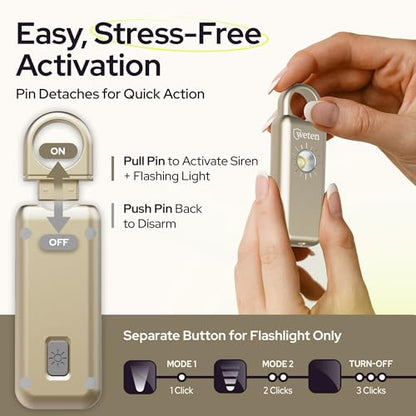 Personal Safety Alarm Keychain for Women, 130dB, LED Light, Gold Satin - color: Gold Satin