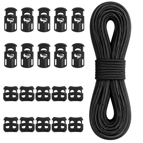 20 Pcs Plastic Cord Locks kit Elastic Bungee Nylon Shock Cord 1/8" 50 ft Lengths, DaKuan 10 Pcs Sing-Hole, 10 pcs Double-Hole (Black) End Spring Toggle Stopper Slider with Crafting Stretch String - color: 3mm